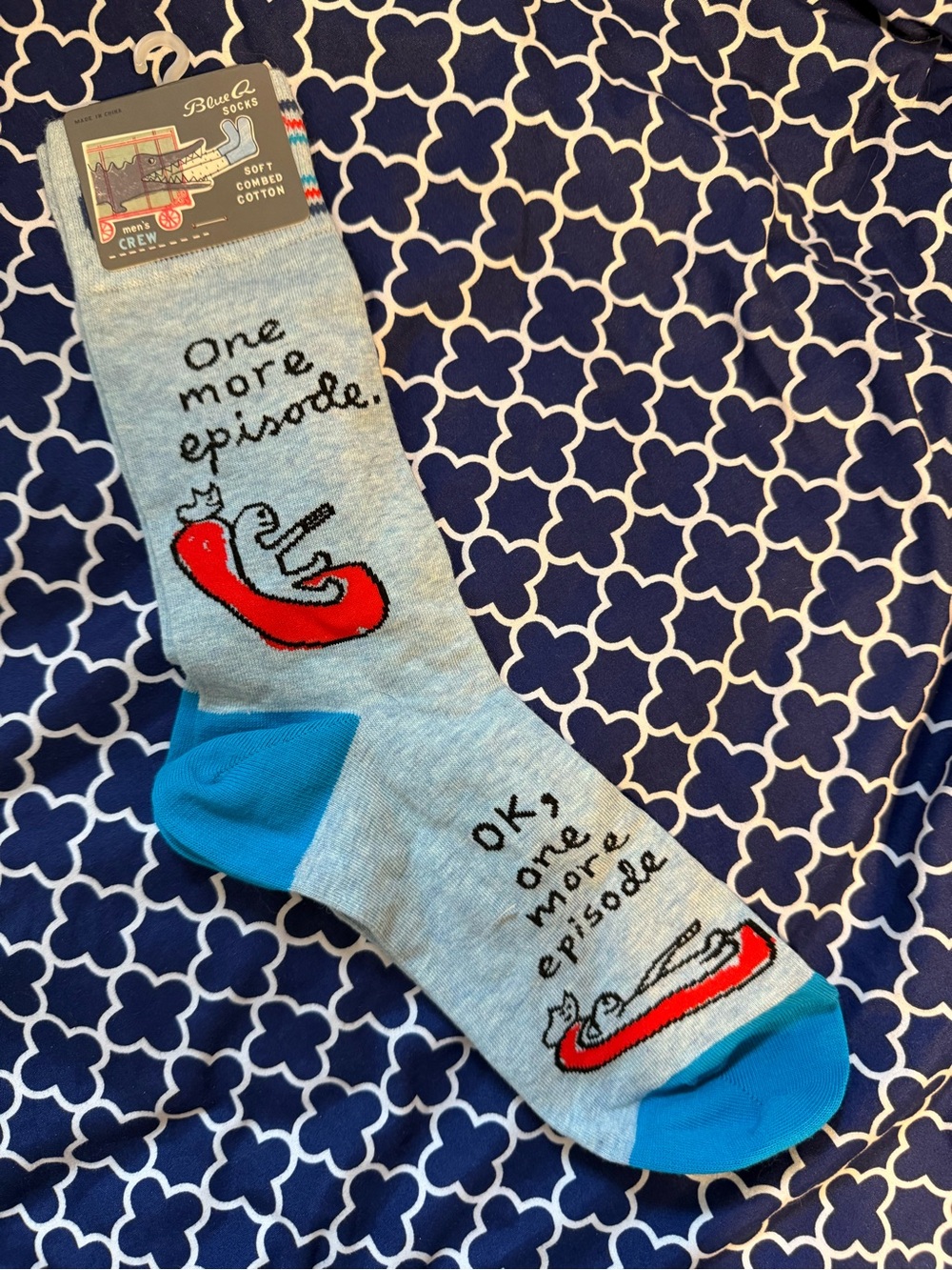 Blue Q Light Gray Crew Socks with Red Chili & Bright Blue Accents